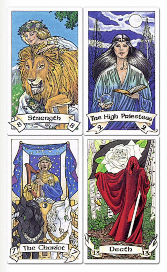 images of the Strength, High Priestess, Chariot and Death cards